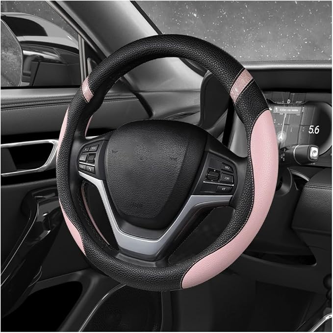 Car Steering Wheel Cover, 15 Inch Premium Leather Breathable Non-Slip Wheels Wrap, Universal Auto Comfortable Steering Wheel Protector for SUV Truck Van, Car Accessories (Pink)