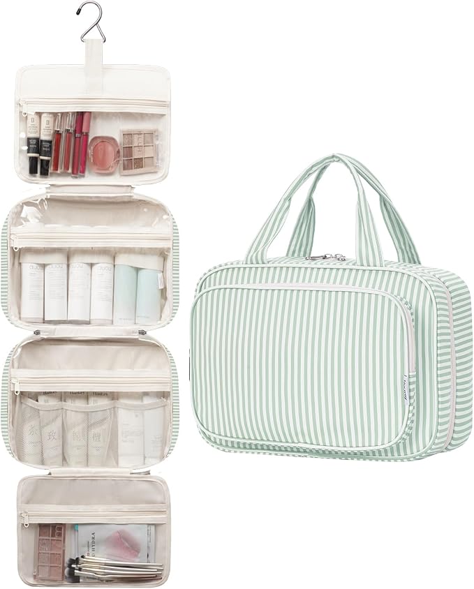 Striped Travel Toiletry Bag for Women Large Hanging Makeup Bag Organizer Toiletries Bag for Full Size Essentials Accessories Cosmetics (Mint Green Stripe (Large))
