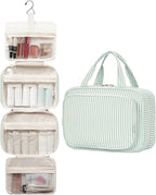 Striped Travel Toiletry Bag for Women Large Hanging Makeup Bag Organizer Toiletries Bag for Full Size Essentials Accessories Cosmetics (Mint Green Stripe (Large))