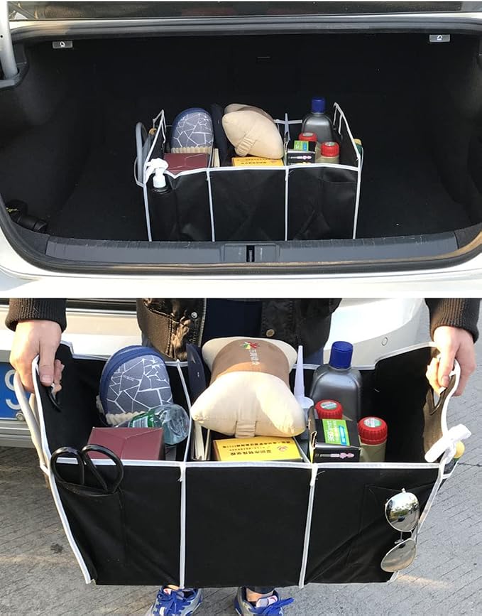 Car Trunk Organizer, Black, 3 Large Sections of Storage, Store Your Cleaning Supplies, Emergency Gear, Groceries, Tools, Great For On The Go Moms