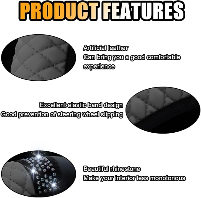 15 Inch Bling Soft Leather Car Steering Wheel Cover, Grey | Colorful Rhinestones Design, Auto Elastic Protector for Women Girls, Crystal Diamond Car Accessories for Most Cars, SUVs