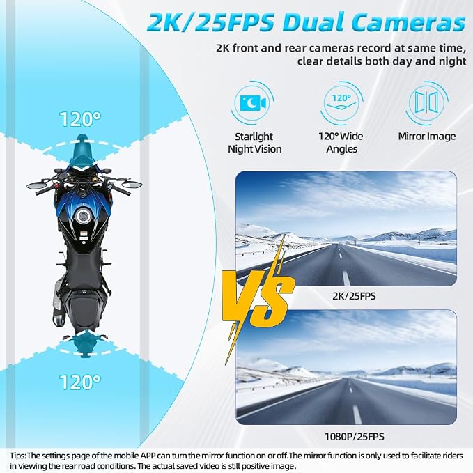 VSYSTO Dual 2K Motorcycle Dash Camera, 5G WiFi High Speed Video Download, Parking Monitoring, Starlight Night Vision Front and Rear Cameras, GPS, LED Light Wired Controller
