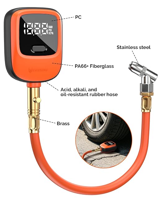 T600 Digital Tire Pressure Gauge 0-250 PSI, ANSI B40.7 2A Grade High Precision(Plus-Minus 0.5%),Tire Gauge for Tire Pressure with Rubber Hose, Replaceable AA Batteries
