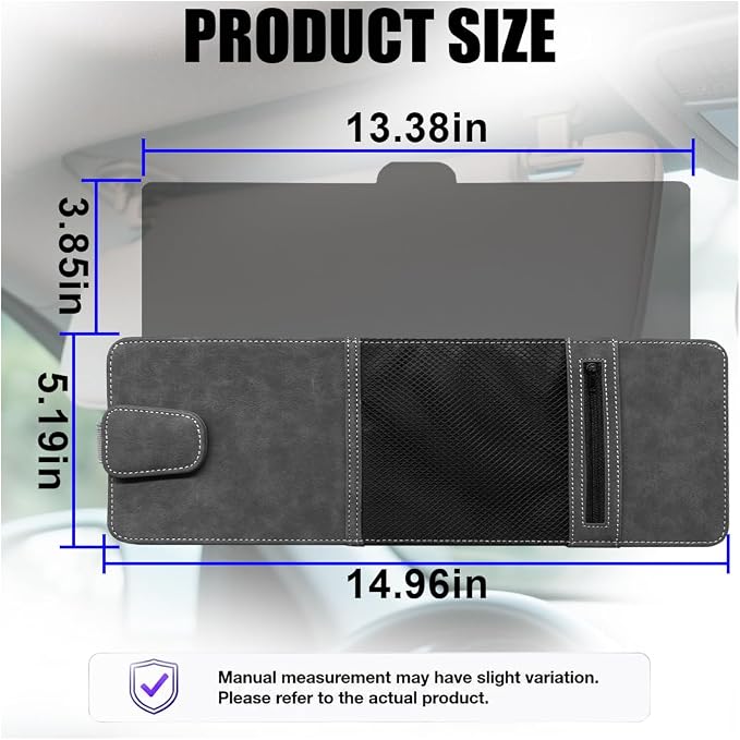 Car Sun Visor Extender, Leather Multi-Pocket Clip-On Auto Visor Organizer, Adjustable Anti-Glare Vehicle Interior Sun Blocker Attachment for Glasses, Driver's License, Ticket (Black&Grey)