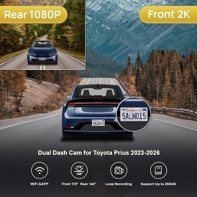 Front 2K+Rear 1080P Dash Cam Adapts for Toyota Prius 2023-2026 & Prime Plug-in Hybrid (XW60), OEM Style, Dual HD Video, Built-in WiFi & APP, Loop Recording, G-Sensor, Easy to Set, 64GB Card