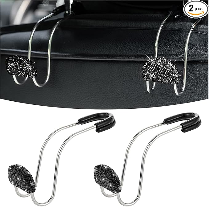 Car Headrest Hook, 2 Pack Bling Backseat Organizer Hanger for Purse Clothes Grocery Bag, Rhinestones Auto Headrest Storage Holder, Universal Car Seat Accessories for Most Vehicle (Black)