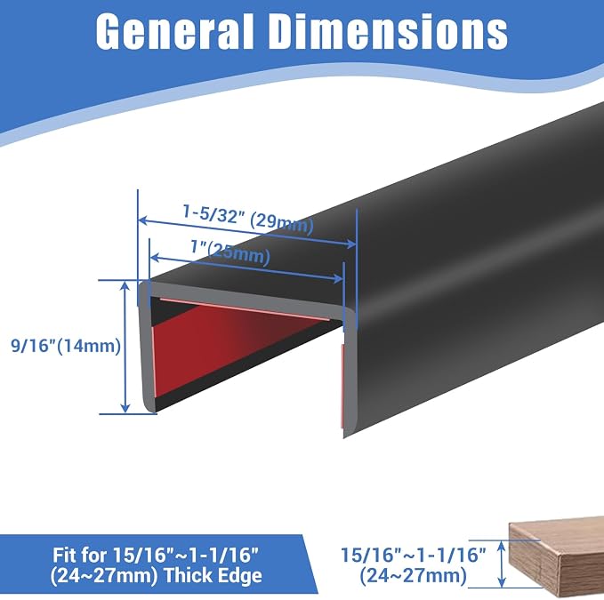 Rubber Edge Trim, Self-Adhesive U Channel Edge Protector for Plywood, Cabinet, 1" Wood Edge Banding, Flexible Furniture Repair, EPDM Material, Fit 1"(25mm), Length 10Ft, Black