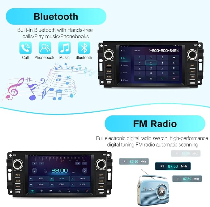 8 Core Car Radio Stereo for Jeep Wrangler JK 2007-2018 Dodge Ram 1500 2008-2012, 7 Inch Touch Screen Radio with CarPlay Android Auto Bluetooth WiFi GPS FM Backup Camera【4GB+64GB】