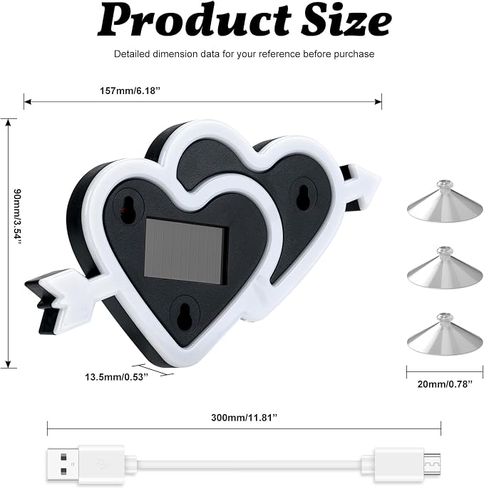 Solar Heart Car Window Light LED Ambient Lights Vibration Sensor 8 Modes | USB + Solar Assist Power, Color Changing 8 Modes Cupid's Heart-shaped Lights, Rainbow Window Decorative Suction Cup Install