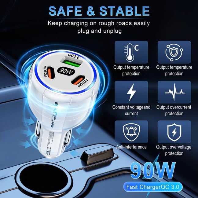 Car Charger Adapter, 3 Port USB-C & USB-A 90W Fast Charger, Car Interior Accessories, Essential Travel Gifts for Men and Women, Fit for iPhone 17/16/15/14/13Pro Max, Samsung, Android (White 1pc)