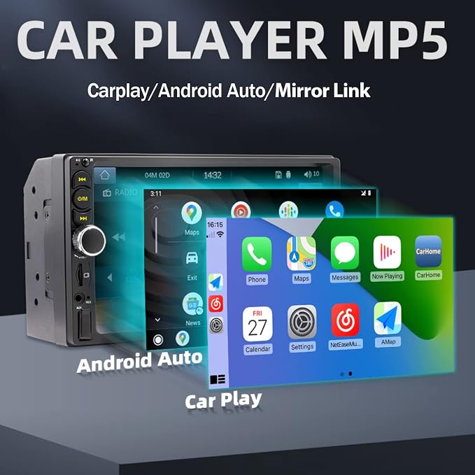 7'' Double Din Car Stereo Build-in Apple Carplay,Bluetooth 5.1 Hand-Free Calling,Touchscreen Car Radio FM,GPS Navigation,Night Vison Backup Camera,USB/TF/Subwoorf/240 watts