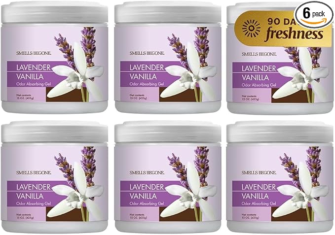15oz Gel Odor Eliminator - Absorb & Remove Tough Odors in Pet Areas, Bathrooms, Basements, Garage, Cars, RVs & Boats - Eliminate Odors Quickly (6-Pack, Lavender Vanilla)