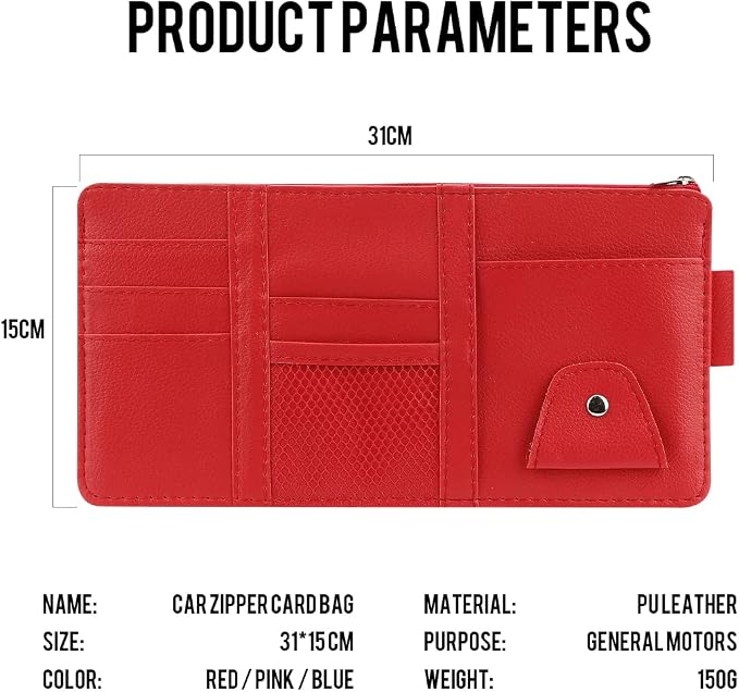 Car Sun Visor Organizer, Auto Interior Accessories Pocket Organizers, Personal Belonging Storage Pouch Organizer, Pouch Holder with Multi-Pocket Net Zippers (Red)