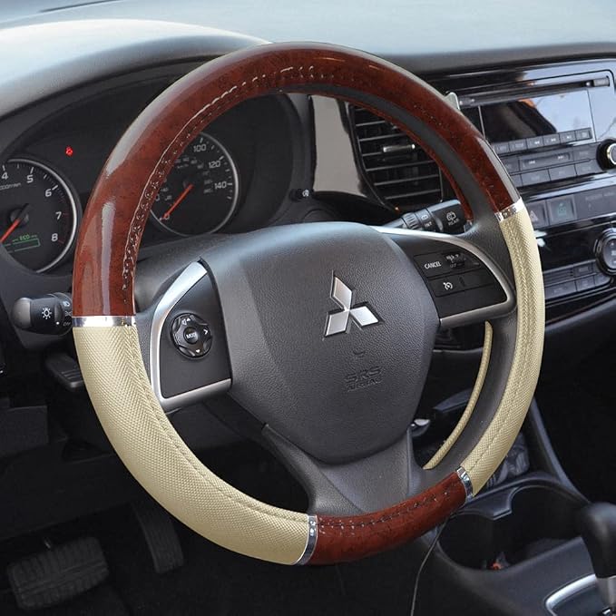 Dark Wood Grain Car Steering Wheel Cover, Standard 15 inch with Beige Faux Leather Grip, Made to Fit Most Auto Truck Van SUV