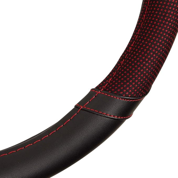 Wine Steering Wheel Cover - Dotted Comfort Polyester Grip on Stitched Synthetic Leather, Wine Stitching/Black