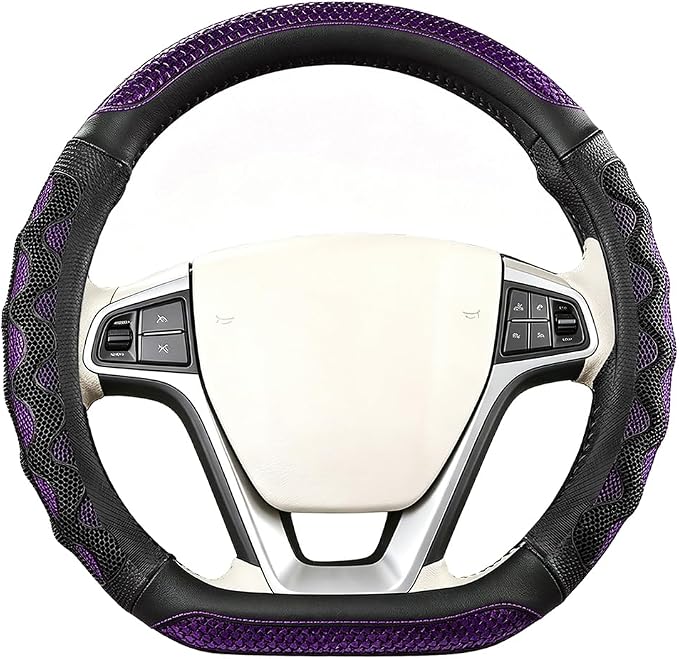 D-Shaped Car Steering Wheel Cover, 14.5-15" Anti-Slip Steering Wheel Protector with 3D Honeycomb Massage Grip, Comfortable Sporty Auto Interior Decor Accessories, Universal Fit (Black/Purple)