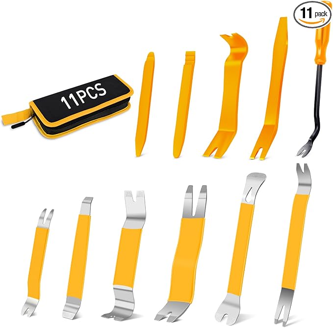 11PCS Trim Removal Tool Kit, Metal & Nylon Pry Tools Set for Car Door Panel, Dashboard, Audio, Clips, Fastener Remover w/Storage Box – Yellow