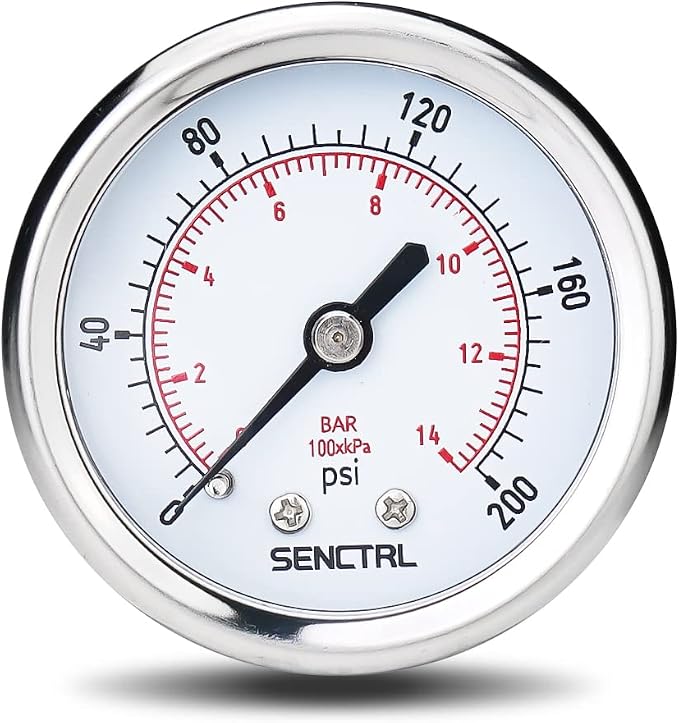 200 Psi Pressure Gauge, 2" Dial Size, 1/4 NPT Back Mount, Waterproof, Stainless Steel Case, for Water Filter Pneumatic Regulator Air Compressor Tire Pressure Test