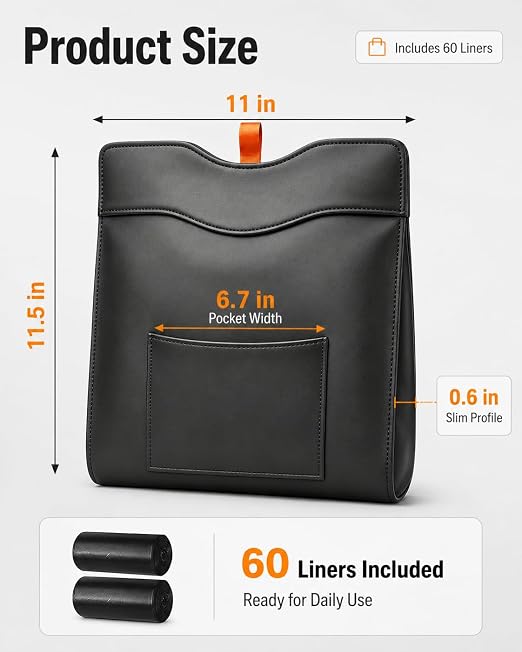 Leather Car Trash Can, Leak-Proof Odor-Lock Car Garbage Can with 60 Liners, Magnetic Closure & Liner-Hold, Storage Pocket, Metal Hooks, Hanging Car Trash Bin for SUV Sedan Truck, Black