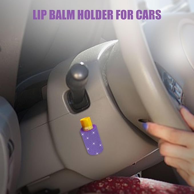 Upright Car Chapstick Holder, Bling Insulating Lip Balm Holder,Rhinestone Car Accessories for Women Interior,Suitable for Most Vehicles. (Purple)