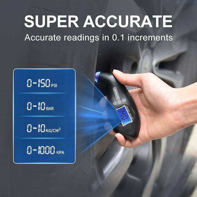 Digital Tire Pressure Gauge 150 PSI 4 Settings with Backlit LCD and Non-Slip Grip (2package)
