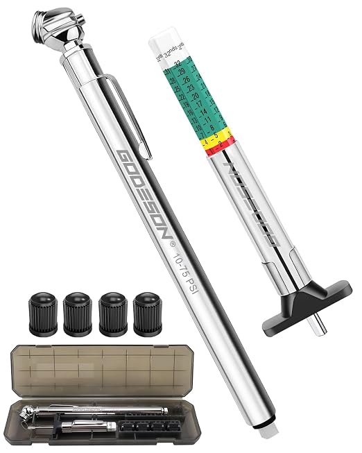 Tire Tread Depth Gauge & Pencil Tire Pressure Gauge 10-75 PSI, Calibrated to ANSI B40.1 Grade B(±2%), Color-Coded Tread Indicator, 4 Valve Caps & Storage Case, Tire Safety Kit for Cars, SUVs