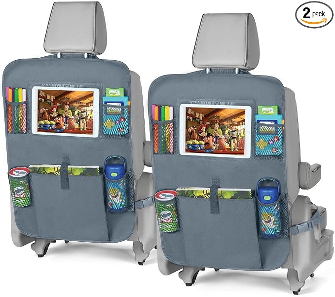 X-Large Grey Back Seat Protector For Kids + 5 Pocket Storage Organizer, 2 Pack