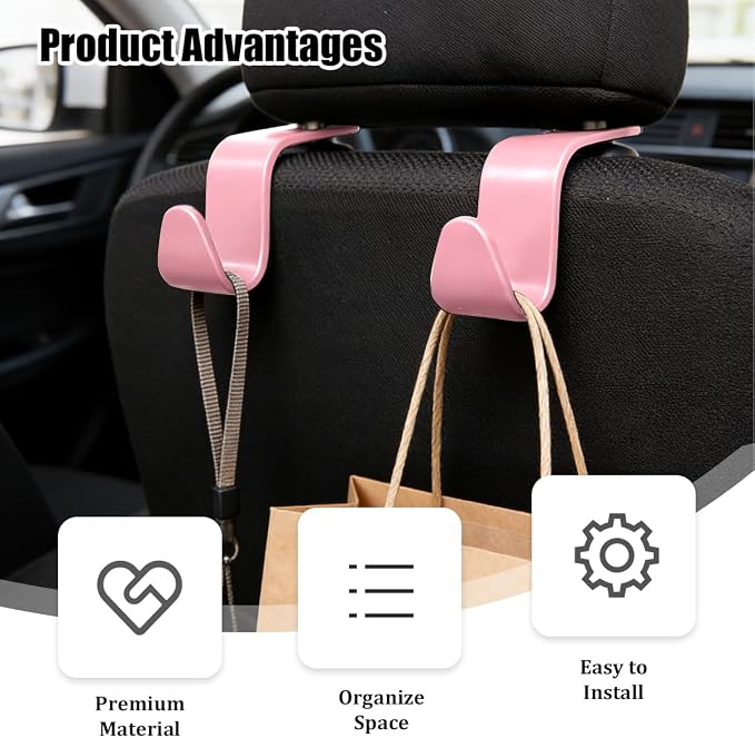 Car Seat Headrest Hook, 4PCS Vehicle Seat Back Hanger Storage Organizer for Handbag Purse Coat, Auto Interior Headrest Hook, Universal for SUV Automobile Truck (Pink)