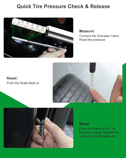Tire Tread Depth Gauge & Pencil Tire Pressure Gauge 10-75 PSI, Calibrated to ANSI B40.1 Grade B(±2%), Color-Coded Tread Indicator, 4 Valve Caps & Storage Case, Tire Safety Kit for Cars, SUVs