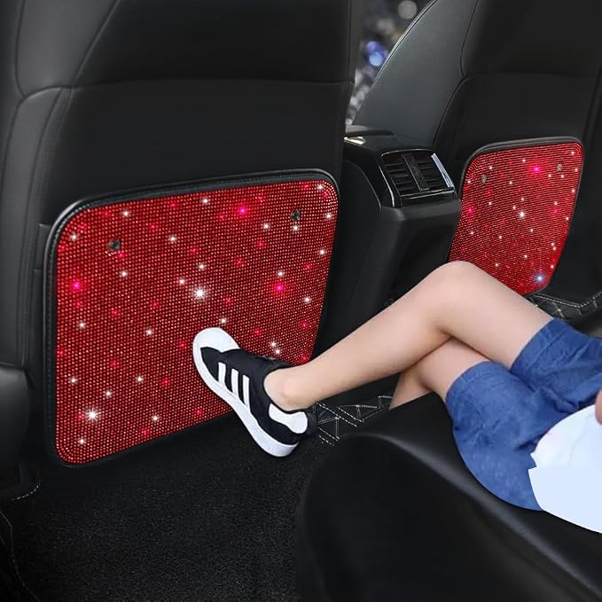 Sparkling Diamond Auto Kick Mats Back Seat Protector Cute Kick Mats Protect from Dirt Mud Seat Back Protector with Bling Crystal Rhinestone Car Interior Decor Accessories Red 2Pcs