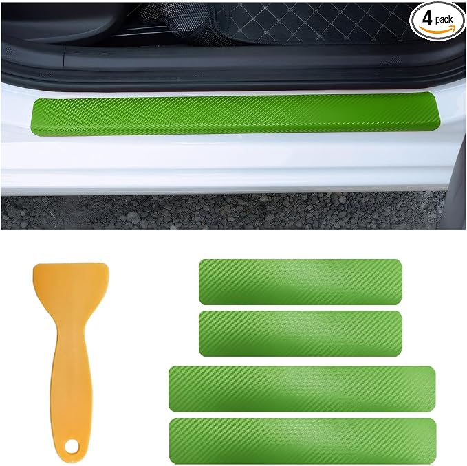 4 PCS Car Door Sill Protectors, Anti Scratch Carbon Fiber Auto Threshold Cover Strips, Decorative Door Entry Edge Scuff Sticker Universal for Most Vehicles, Car Accessories (Green 3D)