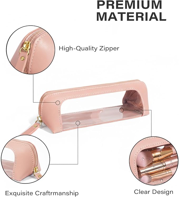 2Pack Clear Makeup Bags Set,Clear Travel Makeup Brush Holder,Portable Leather Pencil Case Holder Travel Toiletry Bag for Women (Chic Pink)