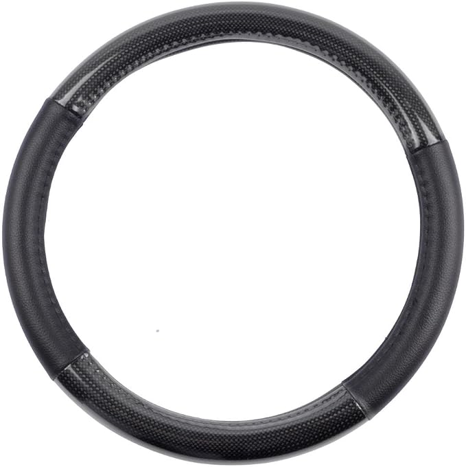 Carbon Fiber Steering Wheel Cover White Vinyl with Fiber Accent - Black Carbon, 14.5-15 inch