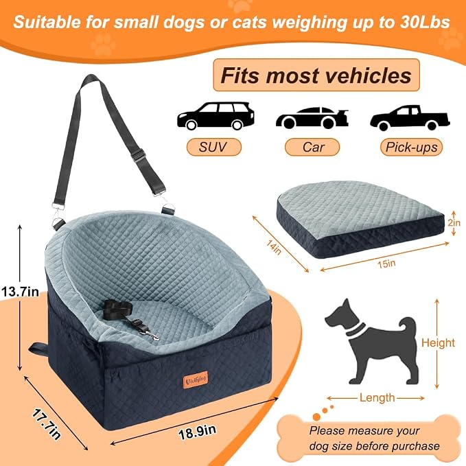 Dog Car Seat for Small & Medium Dogs, Detachable & Washable Booster Seat for Pets Up to 30lbs, Travel Bed with Storage Pockets and Safety Belt – Gray&Black