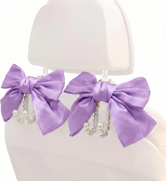 2PCS Satin Bow Pearl Car Seat Headrest Hooks – Car Bag Holder & Vehicle Hanger for Purses – Cute Coquette Aesthetic Interior Decoration – Cute Auto Organizer Accessories Universal (Lavender Purple)