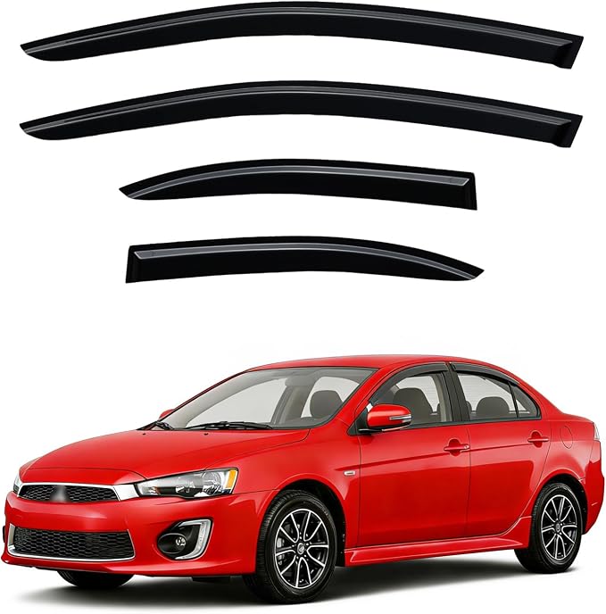 Rain Guards for 2008-2017 Mitsubishi Lancer, Out-Channel Window Visor Shields Vent Deflector Shade Wind Dark Smoke 2009 2010 2011 2012 2013 2014 2015 2016 08 09 10 11 12, Tape-On Outside-Mount, 4PCS