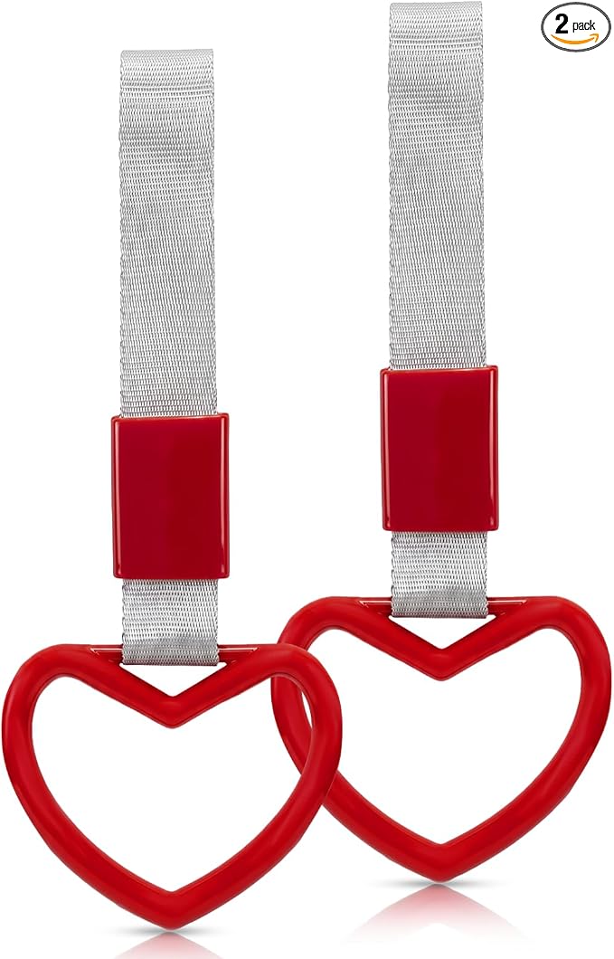 2 Pcs Heart Shaped Car Handle Strap – JD M Drift Charm Rear Bumper Warning Ring Decor for Car Interior Exterior, Subway Bus Handle Accessory, Cute Heart Car Decor Gift for Drivers (Red-Silver)