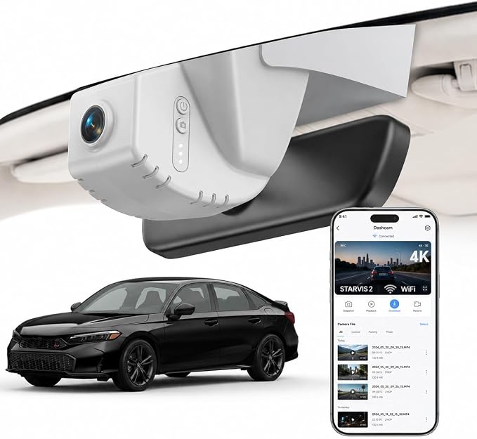 Front 4K & Rear 1080P STARVIS 2 Dash Cam for Honda Civic, Dual Channel Camera with Loop Recording, Gravity Sensor, WiFi & App, Plug & Play