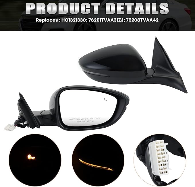 Right Passenger Side Mirror Compatible with 2018-2022 Honda Accord Power Glass | Heated | with Blind Spot | with Turn Signal | Manual Folding Repalces HO1321330 (8Pins-Black)