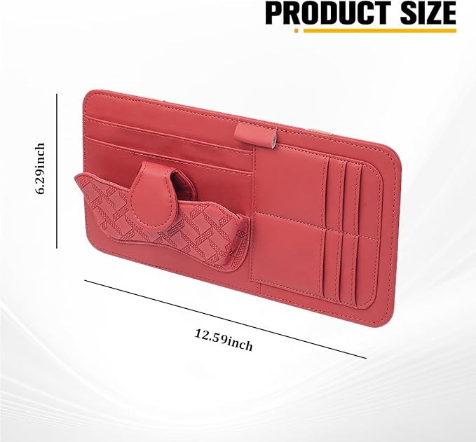 Car Sun Visor Organizer, Multifunctional Visor Storage Pouch with Sunglasses Holder & Card Sleeve Pocket, Auto Interior Organizer Pocket Bag for Pens Cards Documents, Universal Fit (Red)