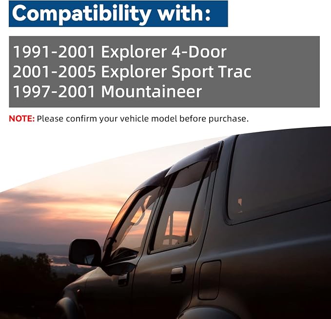 Pack of 4 in Channel Front+Rear Smoke Sun/Rain Guard Mount Tape-On Acrylic Window Visors Compatible with 91-01 Explorer 4-Door 01-05 Sport Trac 97-01 Mercury Mountaineer
