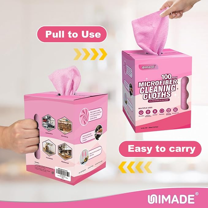 Microfiber Cleaning Cloth, 100 Sheets Microfiber Towels for Cars Commercial Grade Washcloths Lint-Free Bulk Shop Towel Cleaning Rags for Household Restaurant Garage Housekeeping,11"x 9", Pink