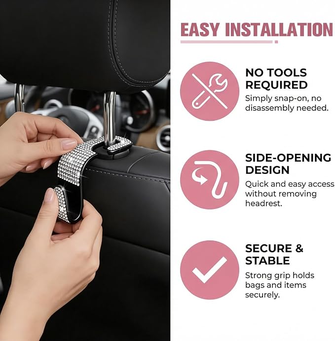 4PCS Bling Car Seat Headrest Hook, Crystal Rhinestone Backseat Hanger Organizer for Purse Handbag Umbrella, Shiny Auto Interior Seat Back Storage Holder Hook, Universal Fit (White)