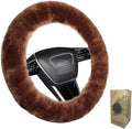 Soft Fluffy Sheepskin Car Steering Wheel Cover for Universal Auto Vehicle Women Man 14 1/2 inch-15 1/2inch Fuzzy Accessories (Saddle Brown)