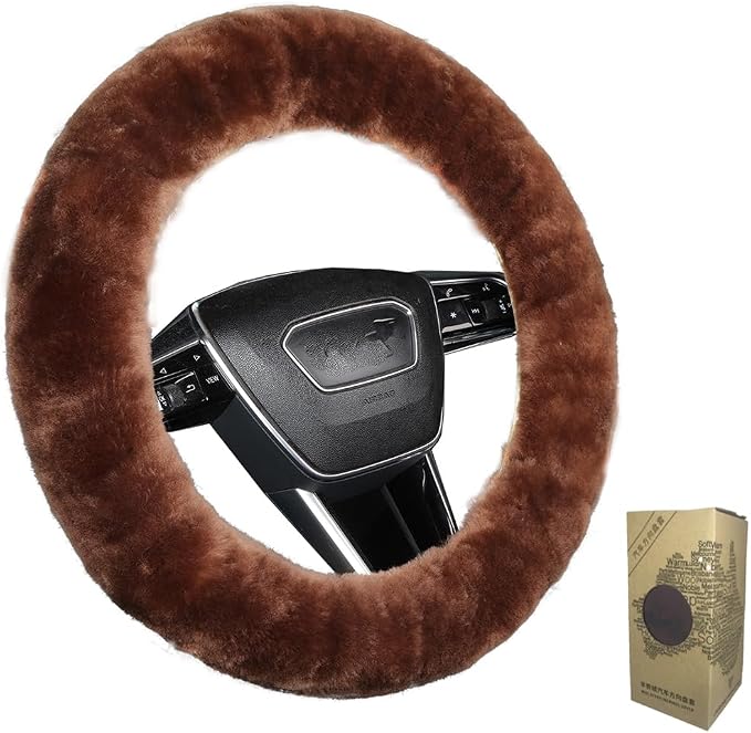Soft Fluffy Sheepskin Car Steering Wheel Cover for Universal Auto Vehicle Women Man 14 1/2 inch-15 1/2inch Fuzzy Accessories (Saddle Brown)