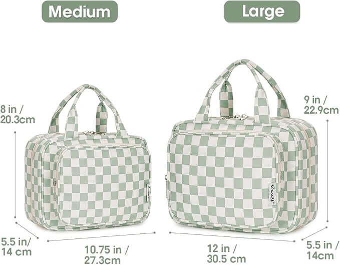 Travel Toiletry Bag for Women Large Capacity, Hanging Makeup Bag Organizer Toiletries Bag for Full Size Essentials, Accessories, Brushes, Cosmetics (Mint Green Checkerboard (Large))
