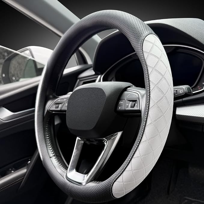 Nappa Leather Steering Wheel Cover, Elegant Diamond Checkered Design, Non-Slip wear-Resistant, Enhance Driving Comfort, Suitable for Steering Wheel Diameter 14 1/2‘-15’ Models.Black White