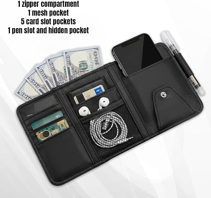 Car Sun Visor Organizer, Truck Visor Organizer, Leather Multi-Pocket Auto Visor Storage Pocket Pouch Holder with Zipper, Auto Accessories Storage Bag for Driving License Card Pen (Black)