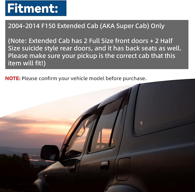 Set of 4 Front+Rear Smoke Sun Rain Guard Outside Mount Tape-On Acrylic Window Visors Compatible with 04-14 F-150 Super/Extended Cab with Half Size Suicide Back Doors