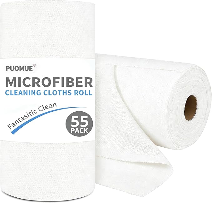 55 Pack Microfiber Cleaning Cloth Roll, Tear Away Reusable Towels, 11" X 9", Ultra Absorbent & Lint Free Microfiber Cloth for Cleaning Cars, Kitchen, Window, and Shop (White, 9”X11”-55PK)
